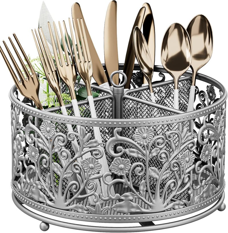 YIUKEA 360° Rotating Utensil Caddy - Silverware Cutlery Caddy Holder with 4 Compartment, Metal Flatware Organizer Countertop with Handle for Party Camping Picnic, Kitchen Counter, Office (Silver) - Image 1